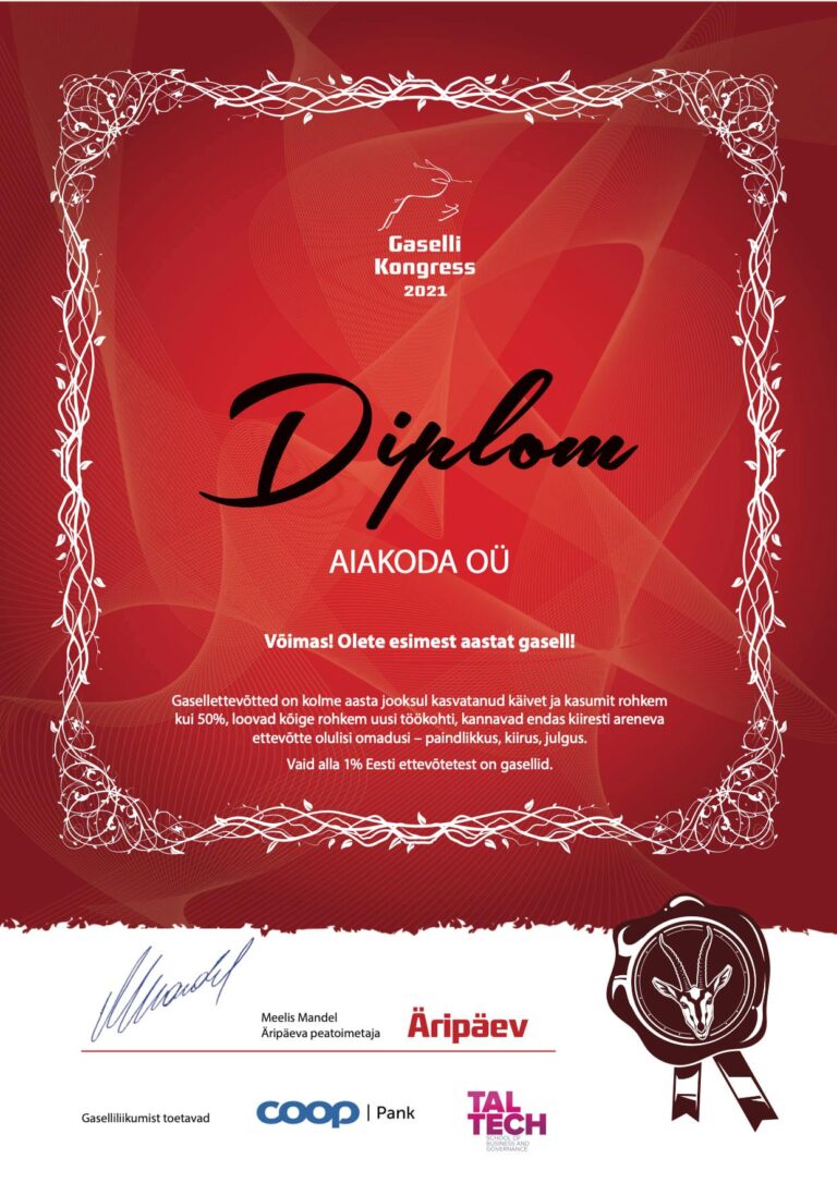 Aiakoda OÜ gaselli diplom 2021